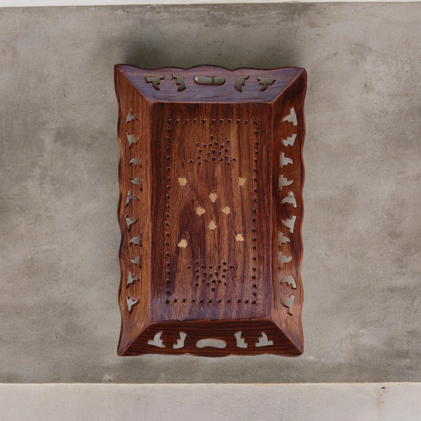 SacredFig Sheesham Wooden Serving Tray with Hand Carved Pattern | Tray for Kitchen and Table 15x9in - ST015