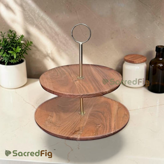 SacredFig Ascend Acacia Wood 2-Tier Cake Stand with Metal Handle | Wooden Dessert, Cupcake & Pastry Serving Stand