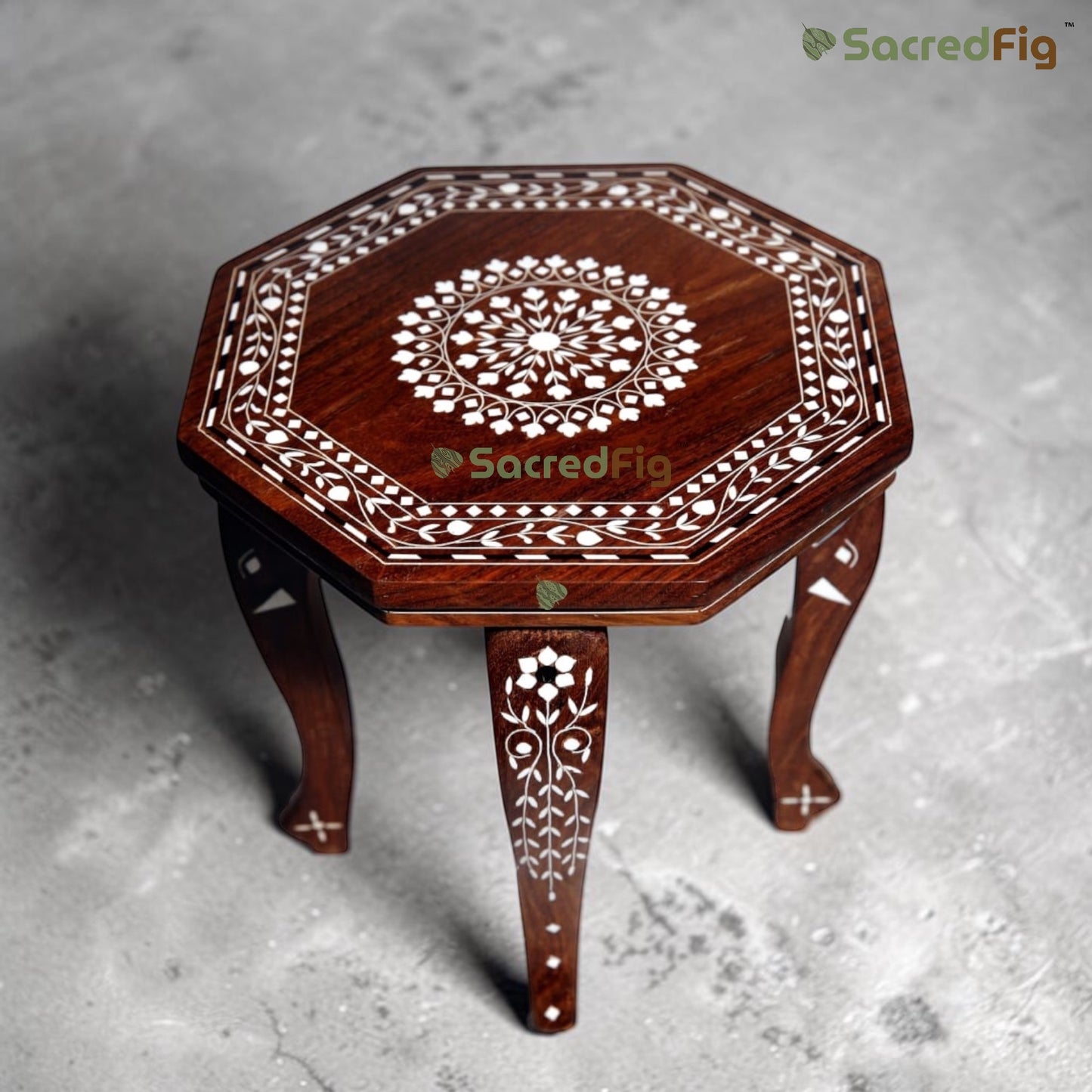 SacredFig Premium Sheesham Wood Table – White Inlay Work | Handcrafted Octagonal Accent Table | 14 Inch