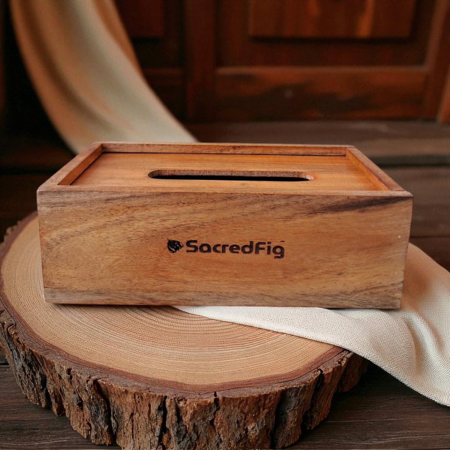 SacredFig Tissue Holder Box, Acacia Wood | Premium Napkin Holder | Ideal for Office & Home use | 9×5 in
