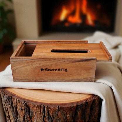 SacredFig Tissue Holder Box, Acacia Wood | Premium Napkin Holder | Ideal for Office & Home use | 9×5 in