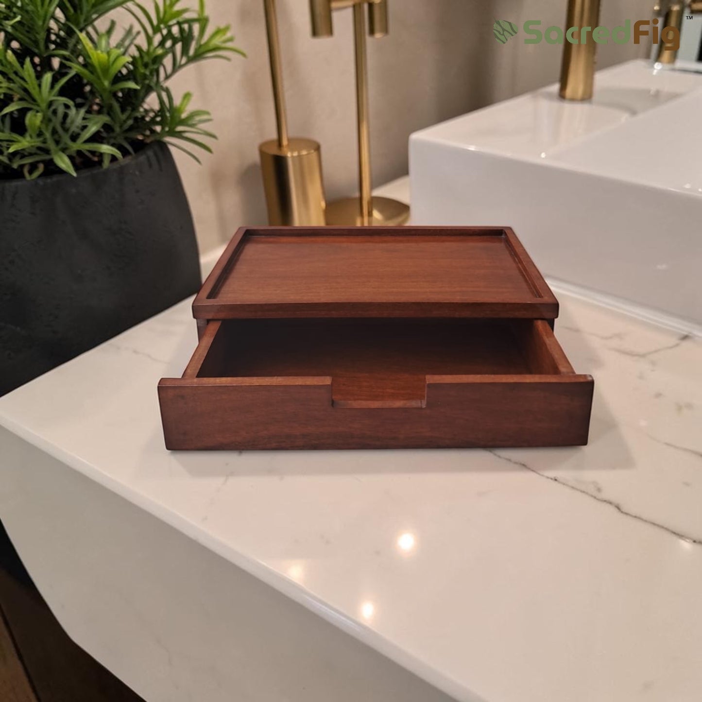 SacredFig Luxury Wooden Amenities Tray for Hotels | Acacia Wood Organizer with Glossy Dark Finish
