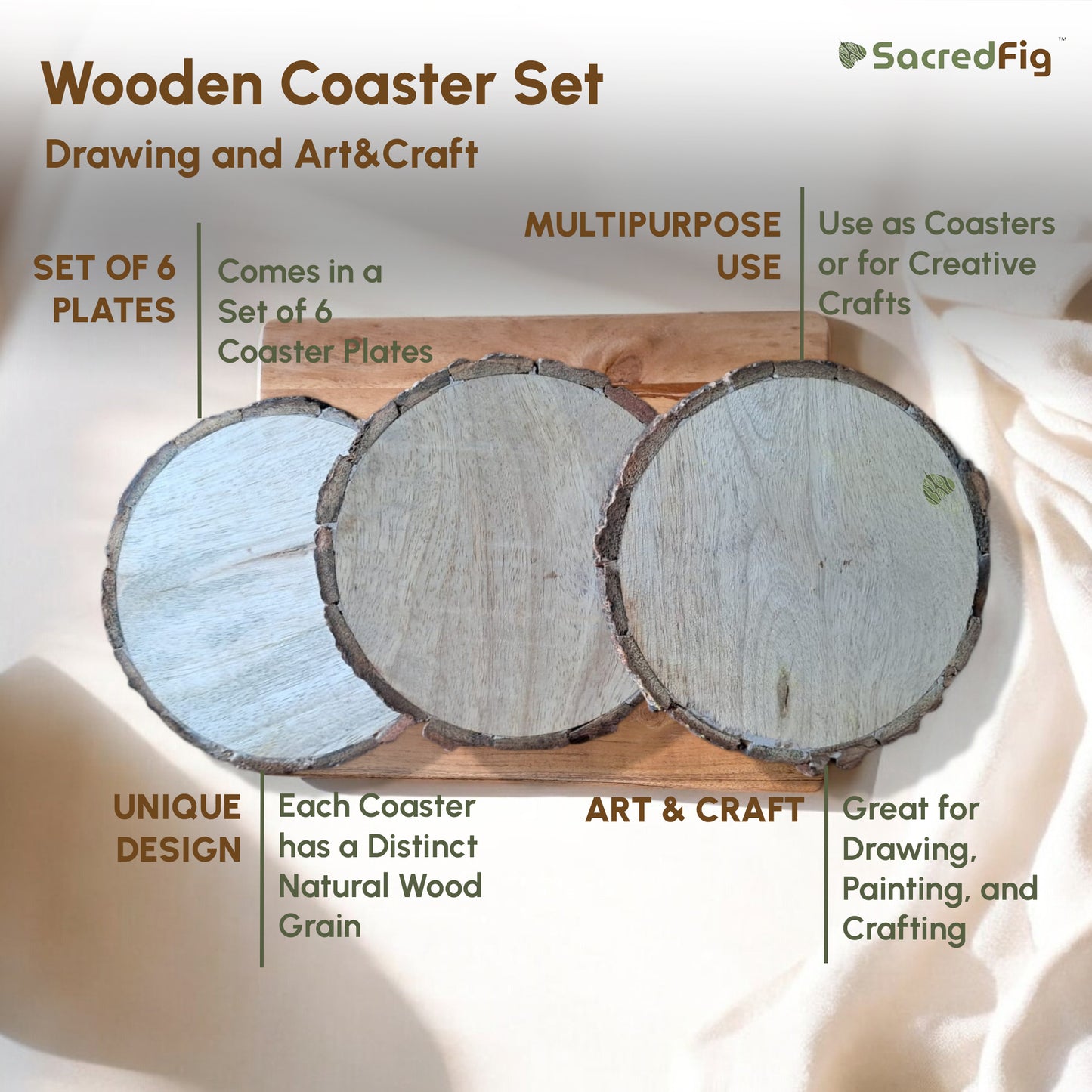SacredFig Bark Coasters for Drawing Art & Craft | Wooden Log | Natural Wooden Coaster suitable for Art Work (Set of 4)| 4 in