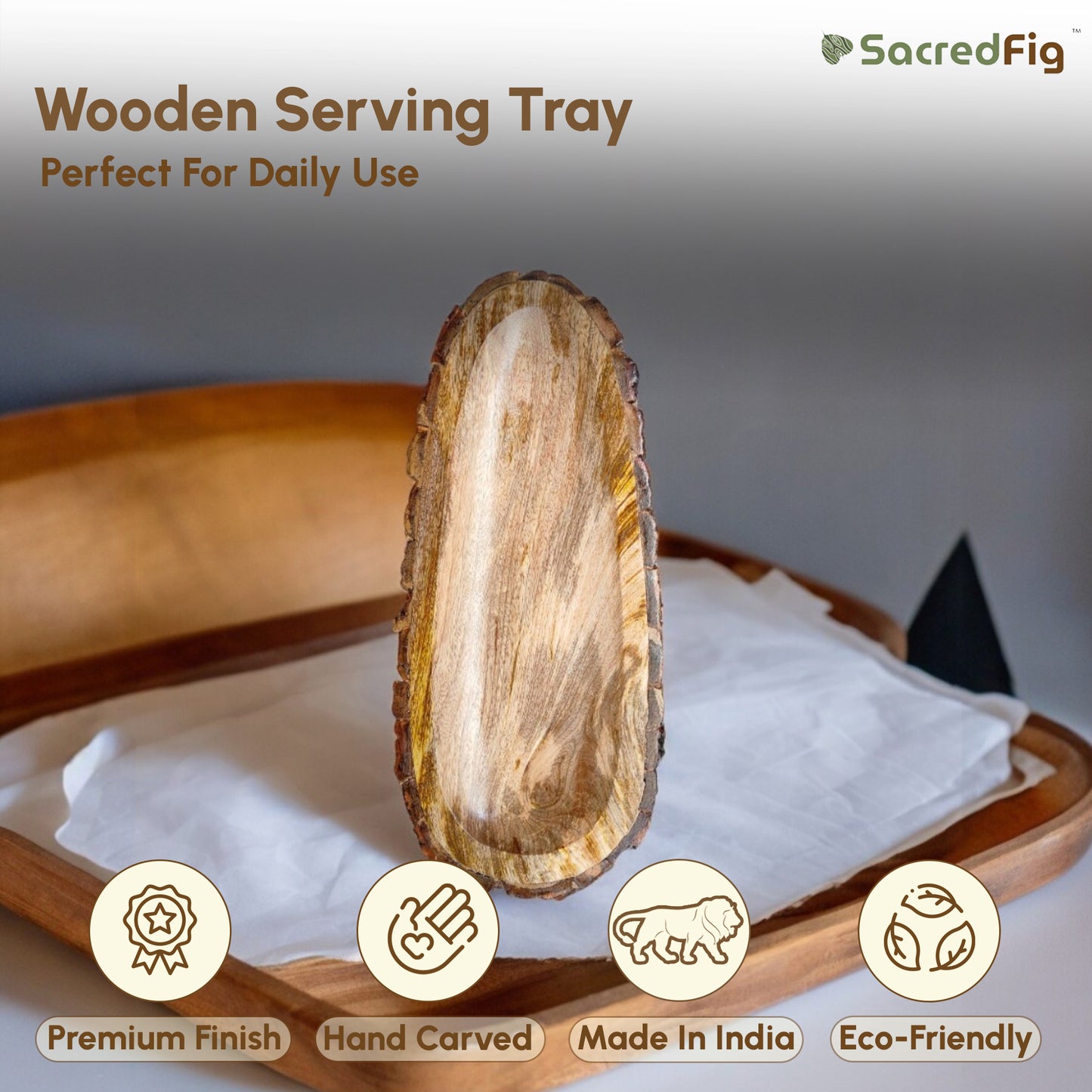 SacredFig Wooden Platter Tray for Serving - Oval Shape 6 x 14 in