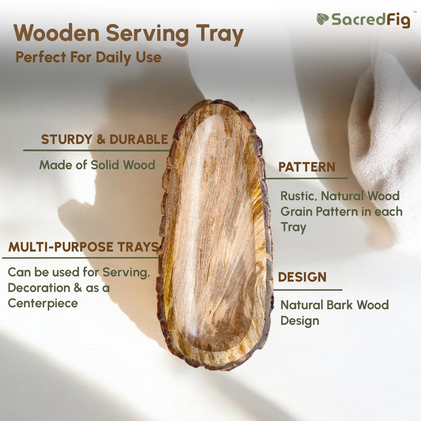 SacredFig Wooden Platter Tray for Serving - Oval Shape 6 x 14 in