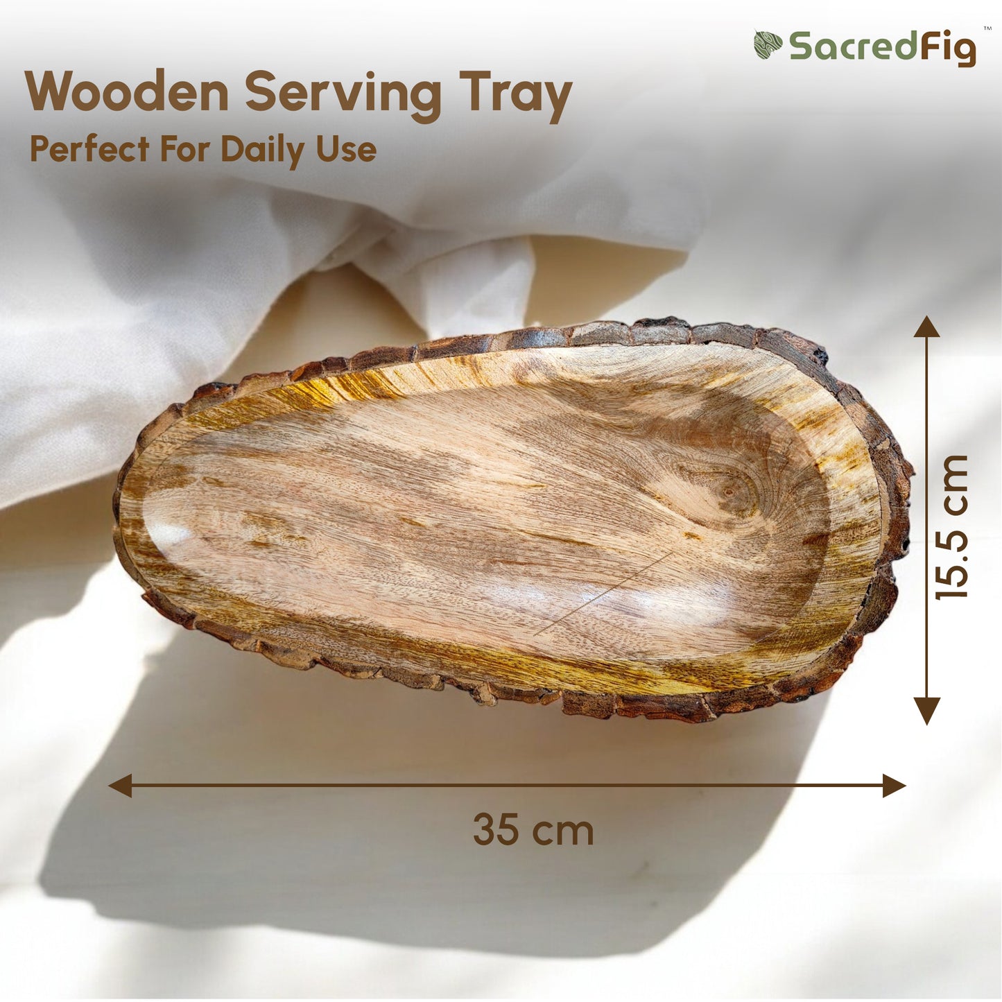 SacredFig Wooden Platter Tray for Serving - Oval Shape 6 x 14 in