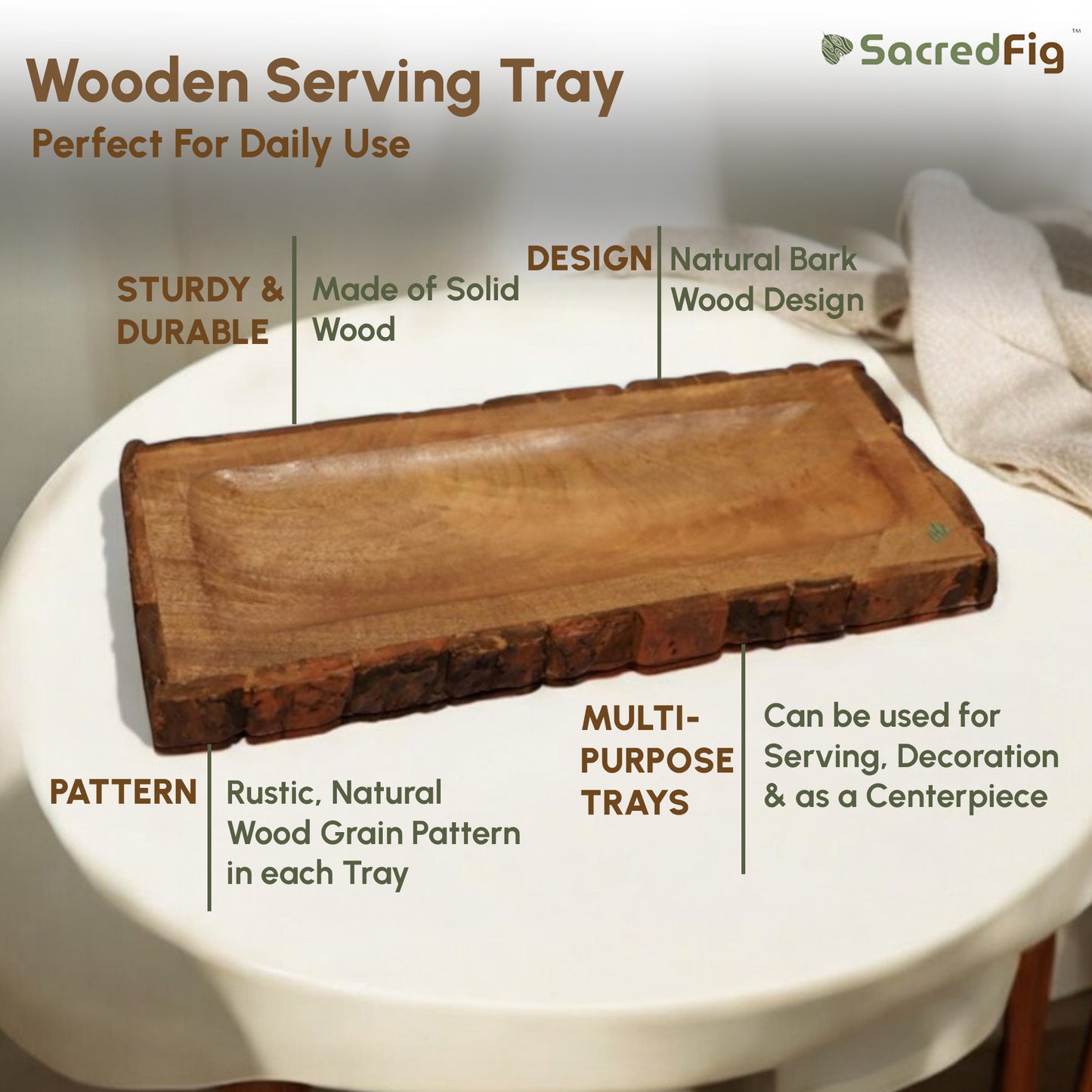 Wooden Serving Tray | Rectangular Platter Tray | 15 x 6 in