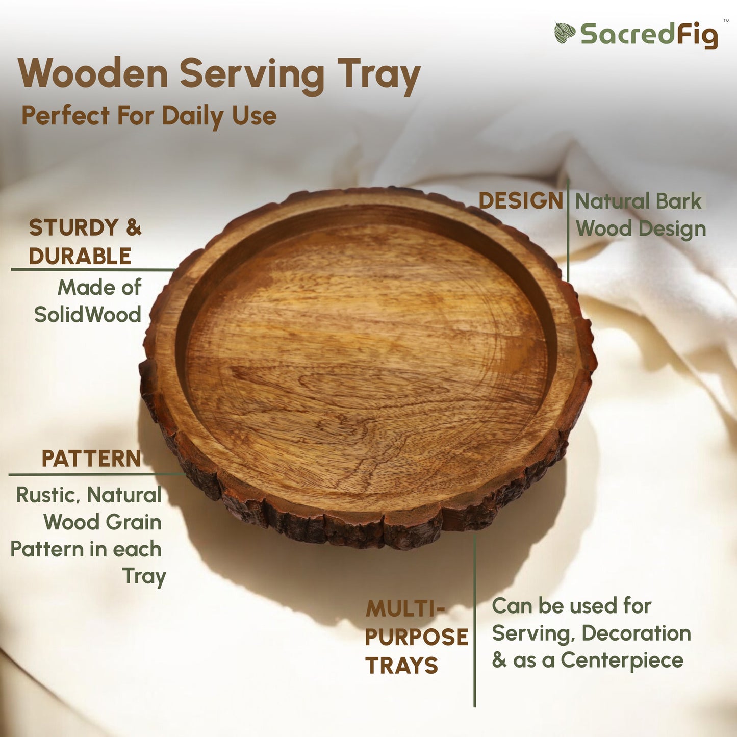 SacredFig Barkwood Serving Tray| Round Serving Tray | 10 in | 12 in