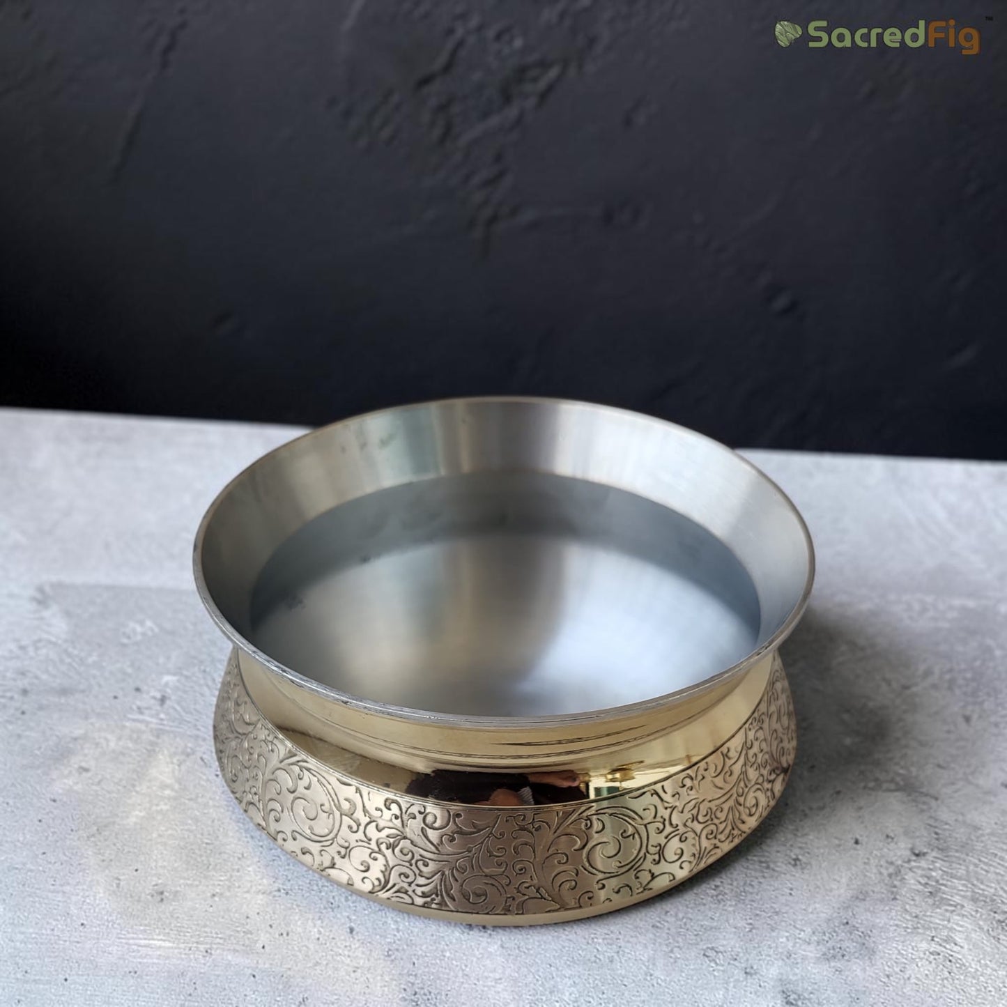 Brass Handi with Lid (1000ml) |Handcrafted Inner Kalai Cooking Pot | Eternal Vine Series | SacredFig