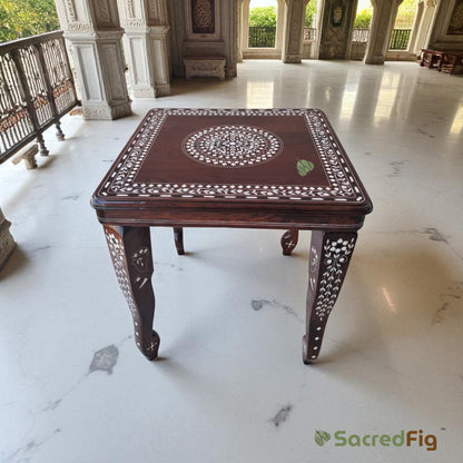 SacredFig Heritage Table with Mandala (16 in) Sheesham Wood Table, Water Resistant Glossy Finish | Inlay Work in Wood