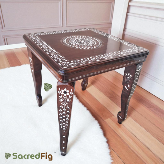 SacredFig Heritage Table with Mandala (16 in) Sheesham Wood Table, Water Resistant Glossy Finish | Inlay Work in Wood