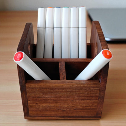 SacredFig Desk Organiser in Sheesham Wood | Premium 3 Compartment Compact Pen & Stationery Holder