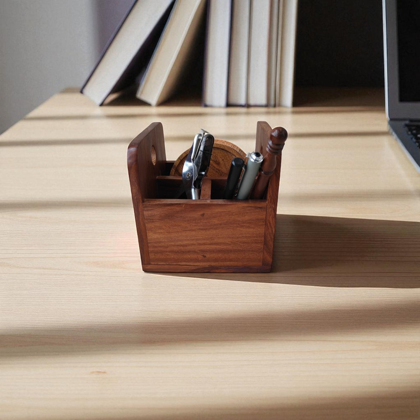 SacredFig Desk Organiser in Sheesham Wood | Premium 3 Compartment Compact Pen & Stationery Holder