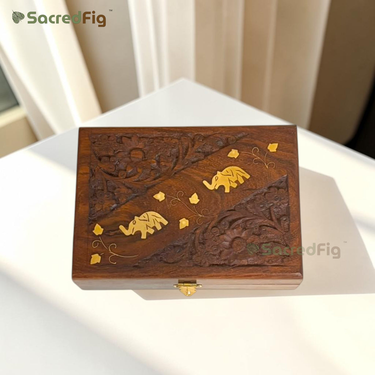 SacredFig Sheesham Wood Gift Box | Elephant Carving Design | Handcrafted Storage Box