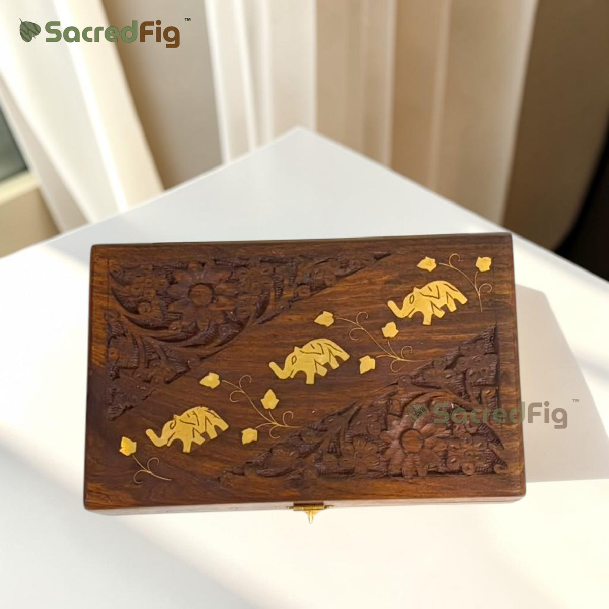 SacredFig Sheesham Wood Gift Box | Elephant Carving Design | Handcrafted Storage Box