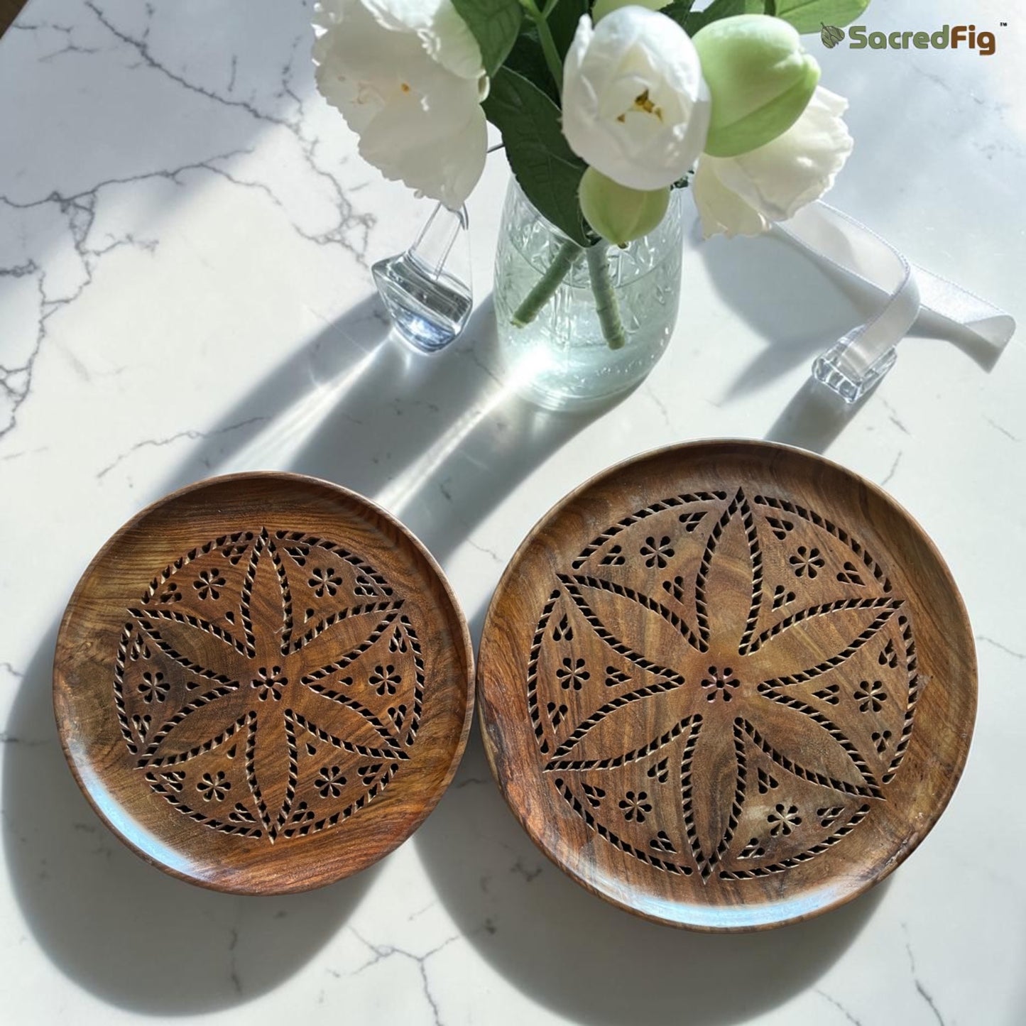 SacredFig Serving Plate and Tray| Wooden Plate| Flower Carving Tray | S, L sizes