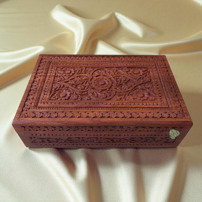 SacredFig Sheesham Wood Regal Gift Box, Floral Carving (12x8 inches)