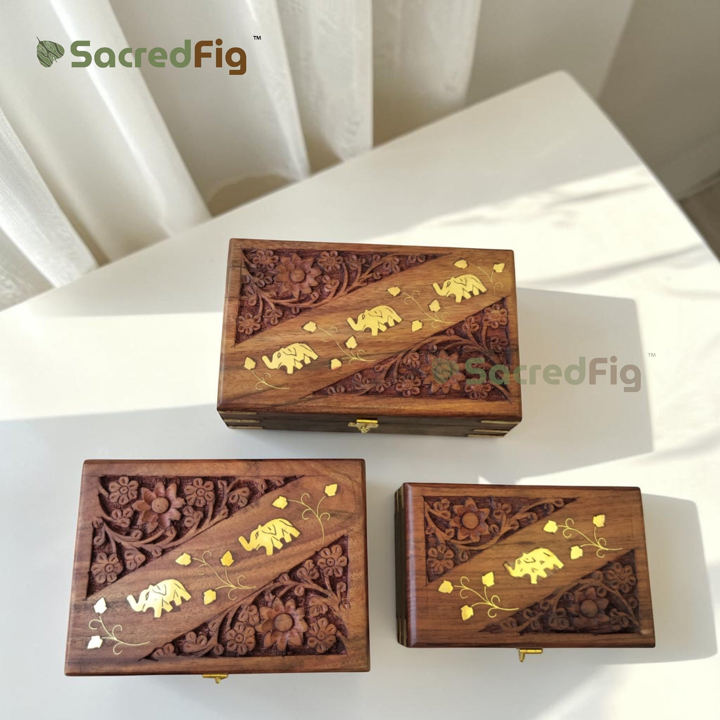 SacredFig Sheesham Wood Gift Box | Elephant Carving Design | Handcrafted Storage Box