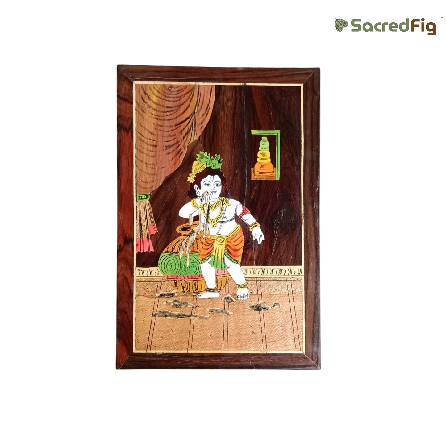 Krishna Ji Wall Decor | Mysore Inlay Wooden Art | Natural Wood Texture | 30x45 cm