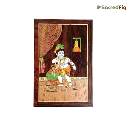 Krishna Ji Wall Decor | Mysore Inlay Wooden Art | Natural Wood Texture | 30x45 cm