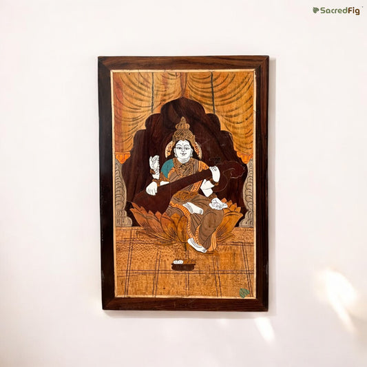 Saraswati Maa | Mysore Wood Inlay Work | Premium Home Decor by SacredFig | 12 x 18 in