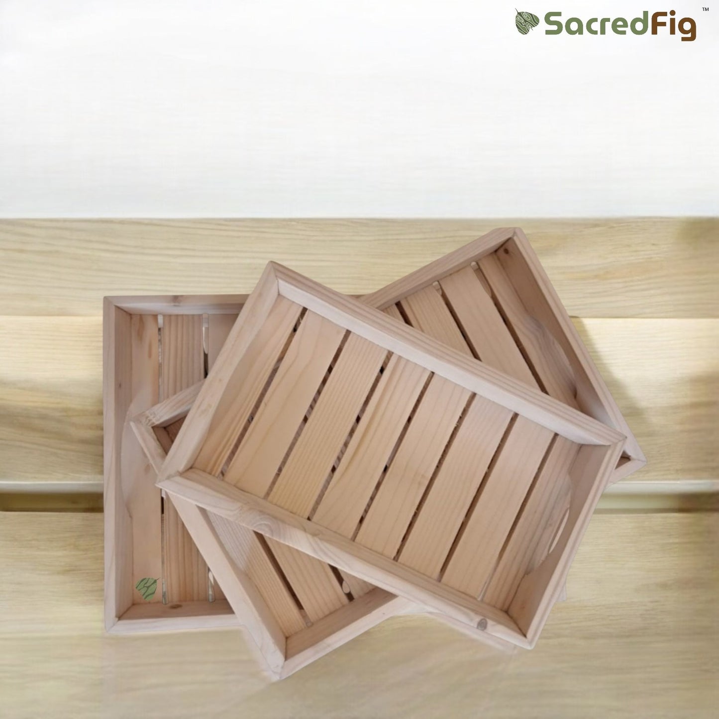 SacredFig Wooden Pine Tray Set| Serving Tray Set (Pack of 3 Trays)