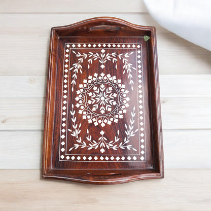 SacredFig Premium Decorative Tray | Floral White Heavy Inlaid Work | Water Resistant - Rectangle (9x12 in)