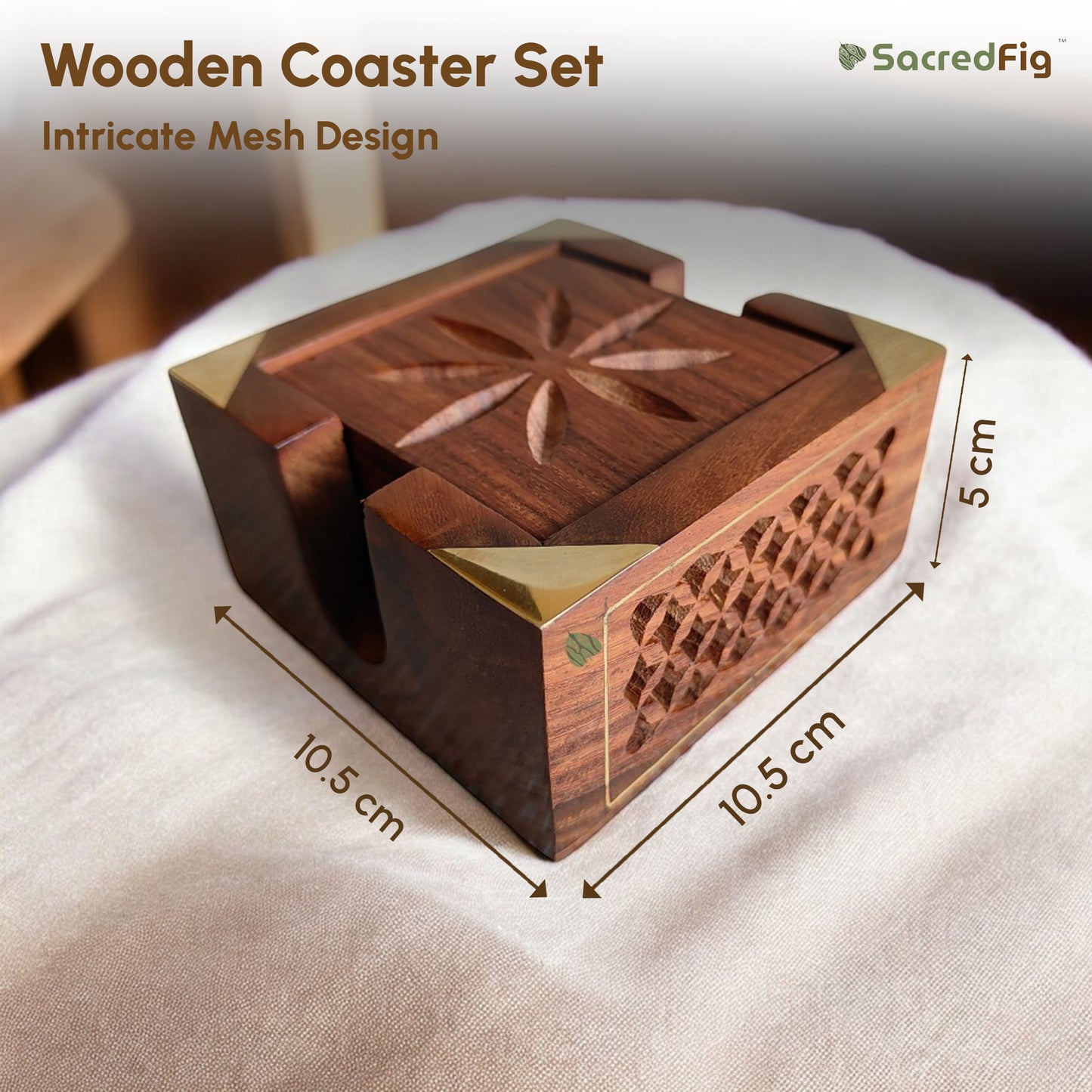 Wooden Coaster Set for Office & Home Table | Square Shape with Brass Work (SC401) | 4×4 in