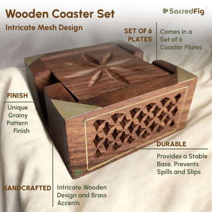 Wooden Coaster Set for Office & Home Table | Square Shape with Brass Work (SC401) | 4×4 in