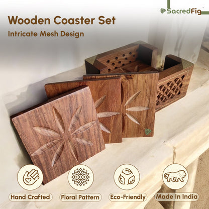 Wooden Coaster Set for Office & Home Table | Square Shape with Brass Work (SC401) | 4×4 in