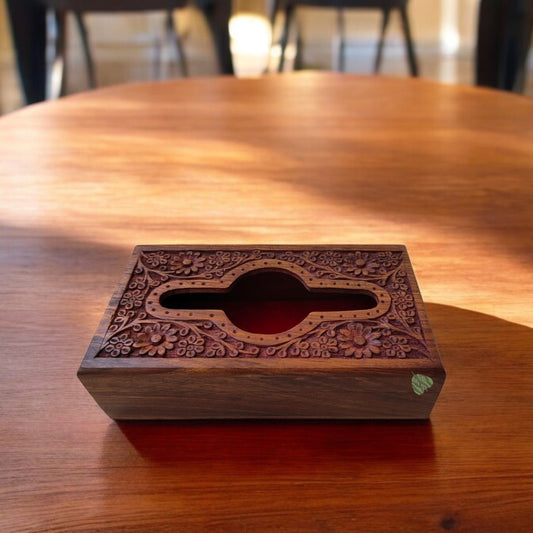 SacredFig Premium Wooden Tissue Holder Box | Elegant Floral Carving Design | 9×5 in