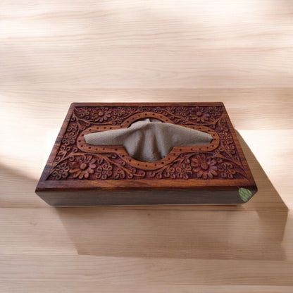 SacredFig Premium Wooden Tissue Holder Box | Elegant Floral Carving Design | 9×5 in