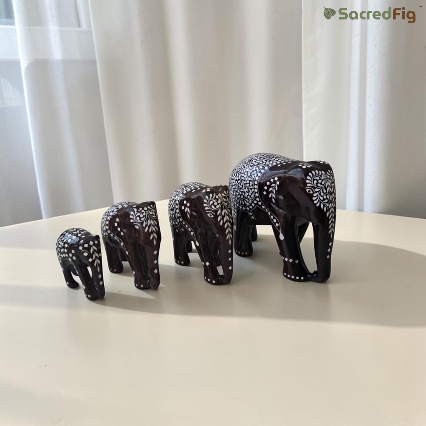 SacredFig Wooden Inlay Elephant Set, Gloss Finish (3–6 inch) | Handcrafted Sheesham Wood Elephant Figurines for Home Decor