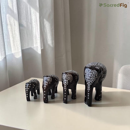 SacredFig Wooden Inlay Elephant Set, Gloss Finish (3–6 inch) | Handcrafted Sheesham Wood Elephant Figurines for Home Decor