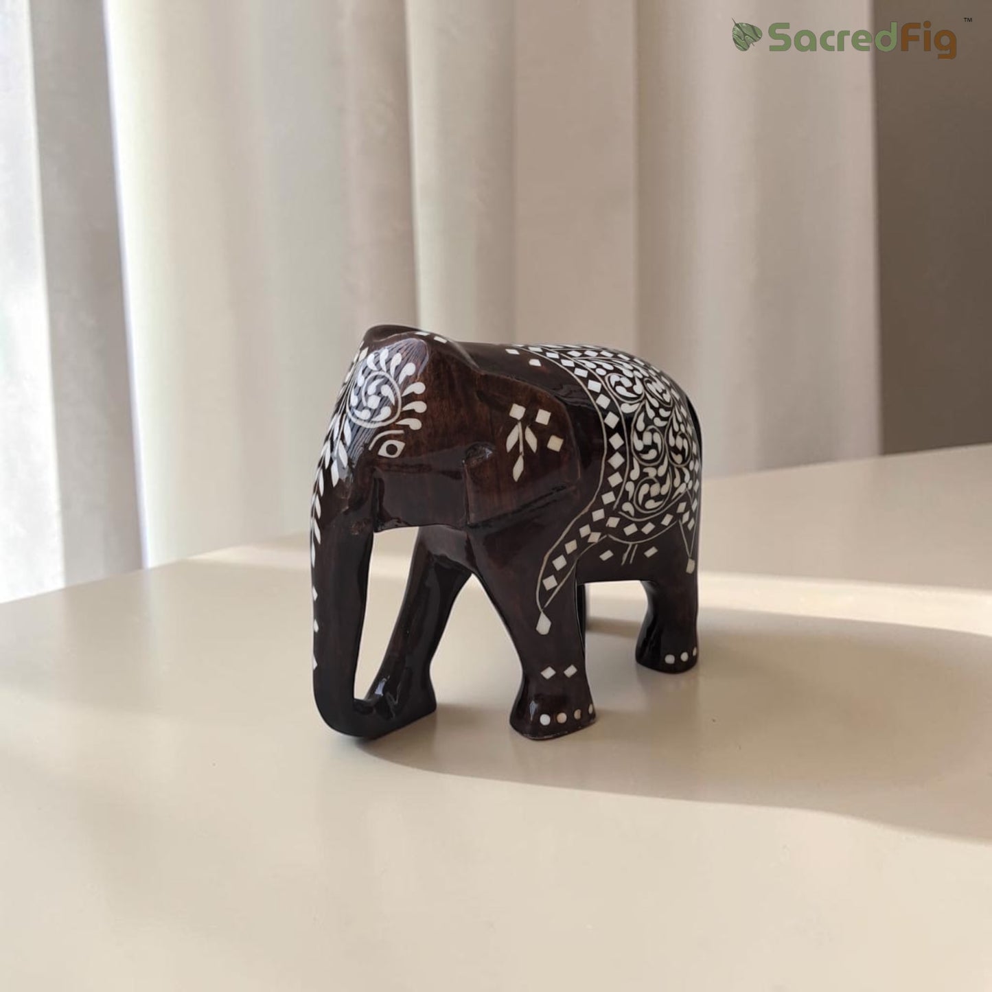 SacredFig Wooden Inlay Elephant Set, Gloss Finish (3–6 inch) | Handcrafted Sheesham Wood Elephant Figurines for Home Decor