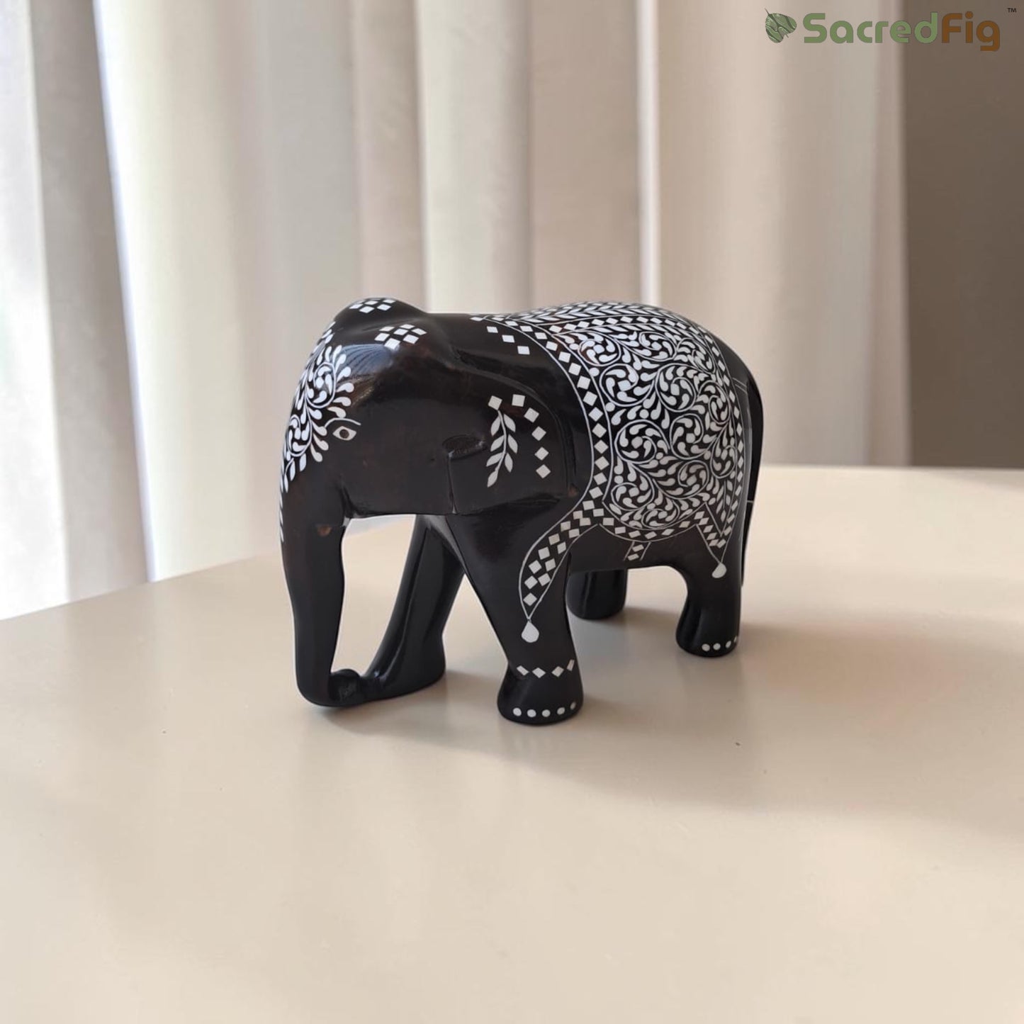 SacredFig Wooden Inlay Elephant Set, Gloss Finish (3–6 inch) | Handcrafted Sheesham Wood Elephant Figurines for Home Decor