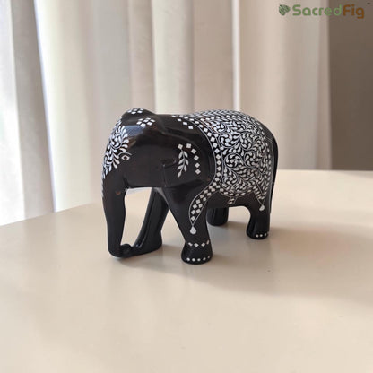 SacredFig Wooden Inlay Elephant Set, Gloss Finish (3–6 inch) | Handcrafted Sheesham Wood Elephant Figurines for Home Decor