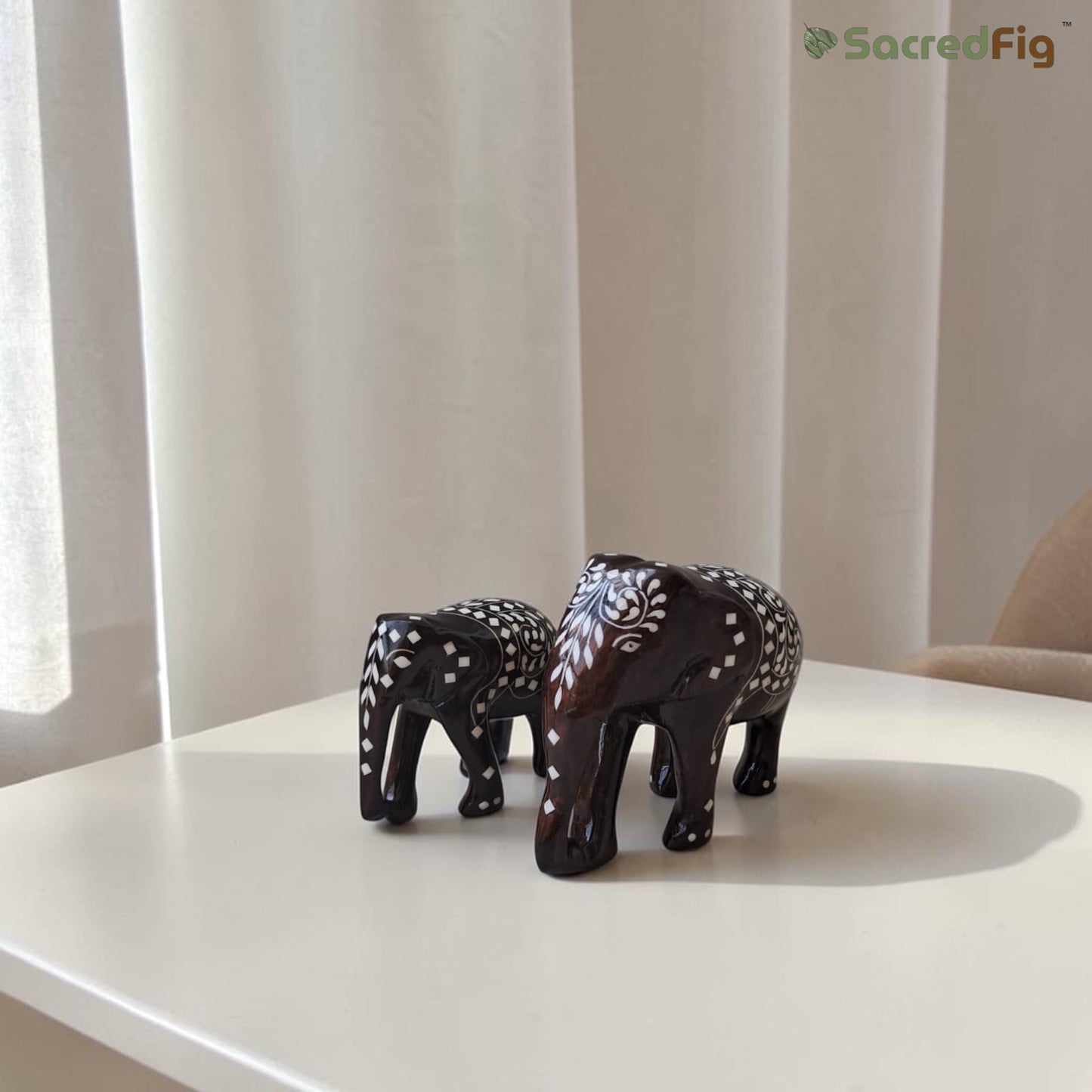 SacredFig Wooden Inlay Elephant Set, Gloss Finish (3–6 inch) | Handcrafted Sheesham Wood Elephant Figurines for Home Decor
