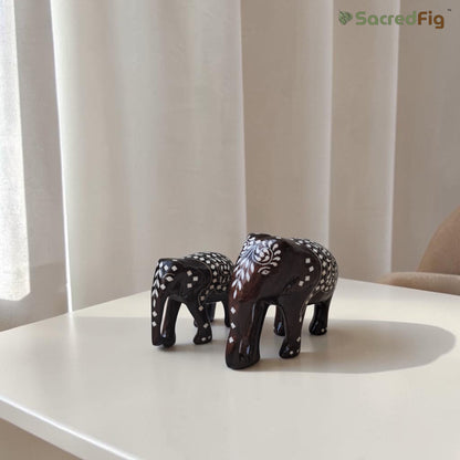 SacredFig Wooden Inlay Elephant Set, Gloss Finish (3–6 inch) | Handcrafted Sheesham Wood Elephant Figurines for Home Decor