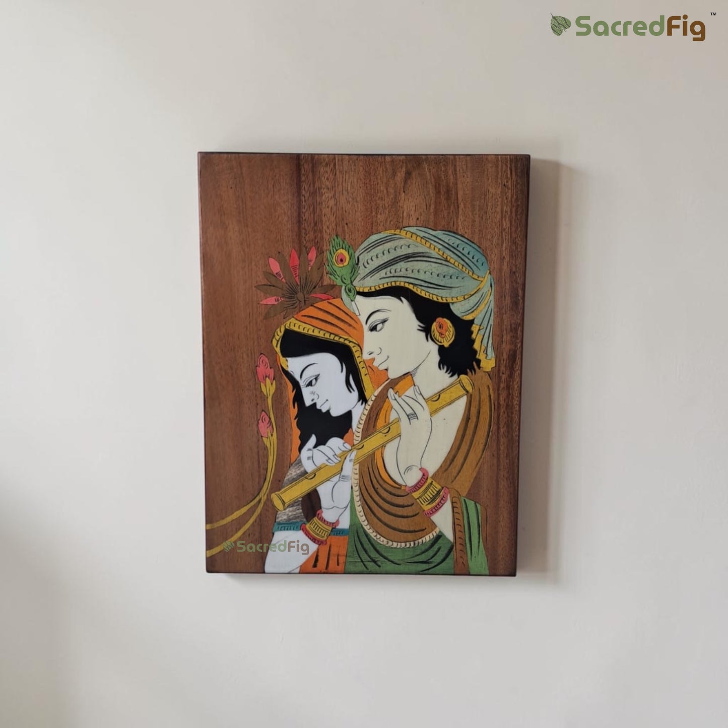 SacredFig Radhe Krishna Harmony Wooden Colored Inlay Art Wall Frame |8 x 10 In| Handmade Wooden Wall Décor Traditional Artwork