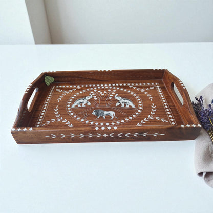 SacredFig Premium Sheesham Wood Tray with Handcarved Inlay Work - 15x10 in | Elephant & Lion Motifs | Water Resistant Glossy Finish
