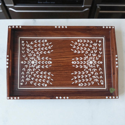 SacredFig Premium Sheesham Wood Tray with Handcarved Inlay Work - 15x10 in | Decorative Floral Bush Design | Water Resistant Glossy Finish