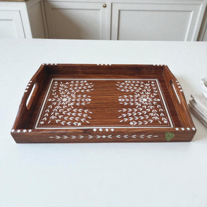 SacredFig Premium Sheesham Wood Tray with Handcarved Inlay Work - 15x10 in | Decorative Floral Bush Design | Water Resistant Glossy Finish