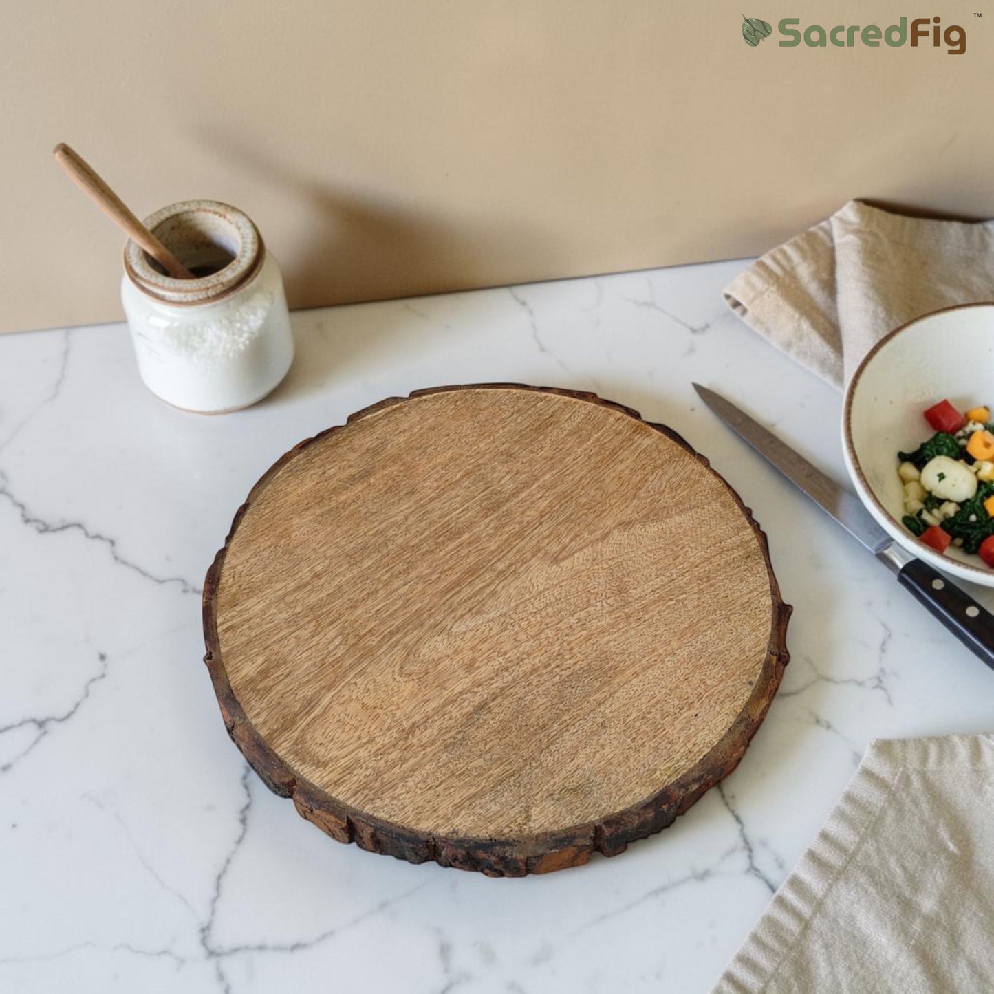 SacredFig Wooden Log Bark Wood Platter, Multipurpose use for Painting & Decor, Round Bark Wood Log