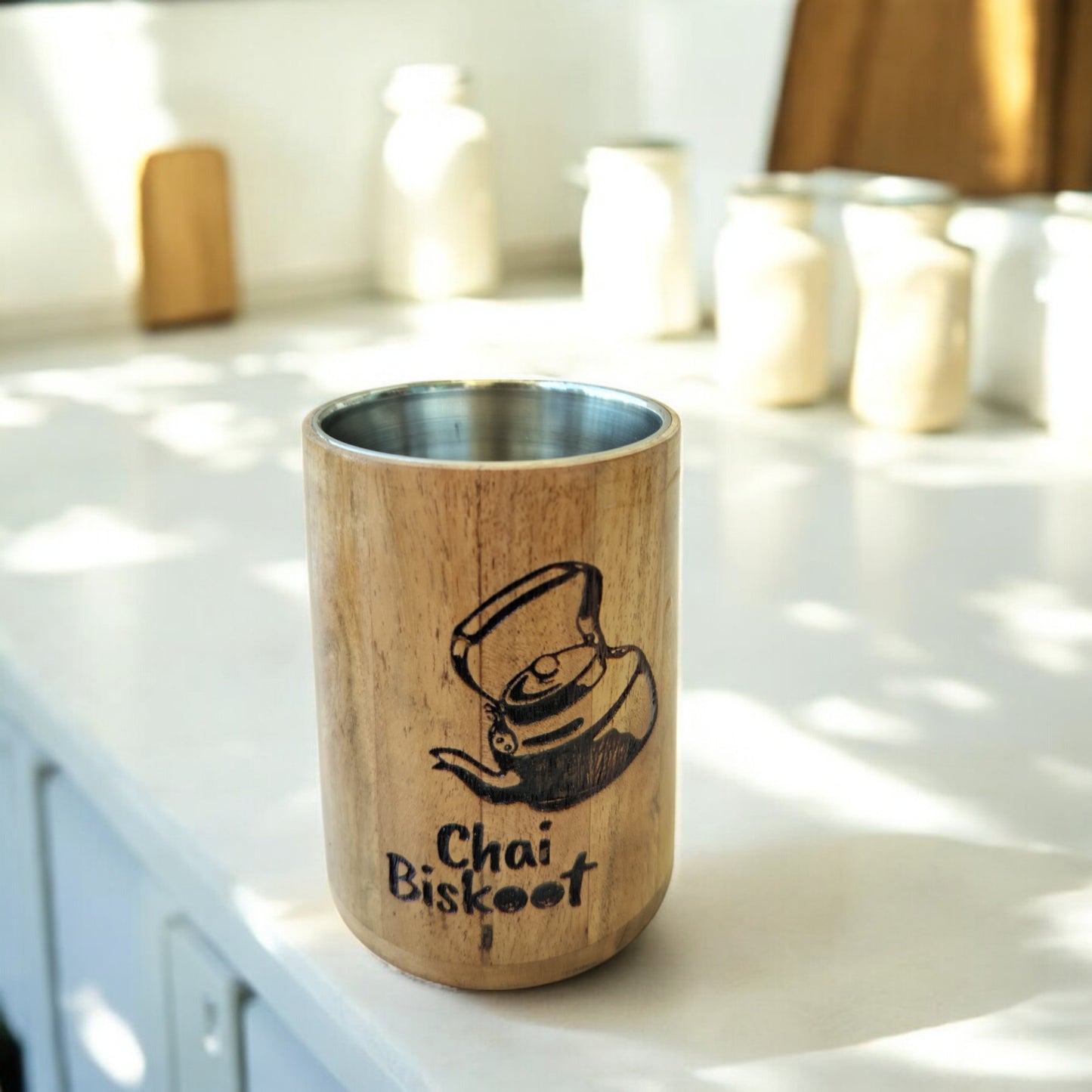 SacredFig Handcrafted Wooden Mug – 300ml | Stainless Steel Interior | Ideal for Tea, Coffee & More