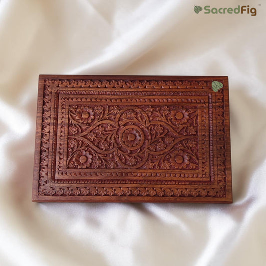 SacredFig Sheesham Wood Regal Gift Box, Floral Carving (12x8 inches)