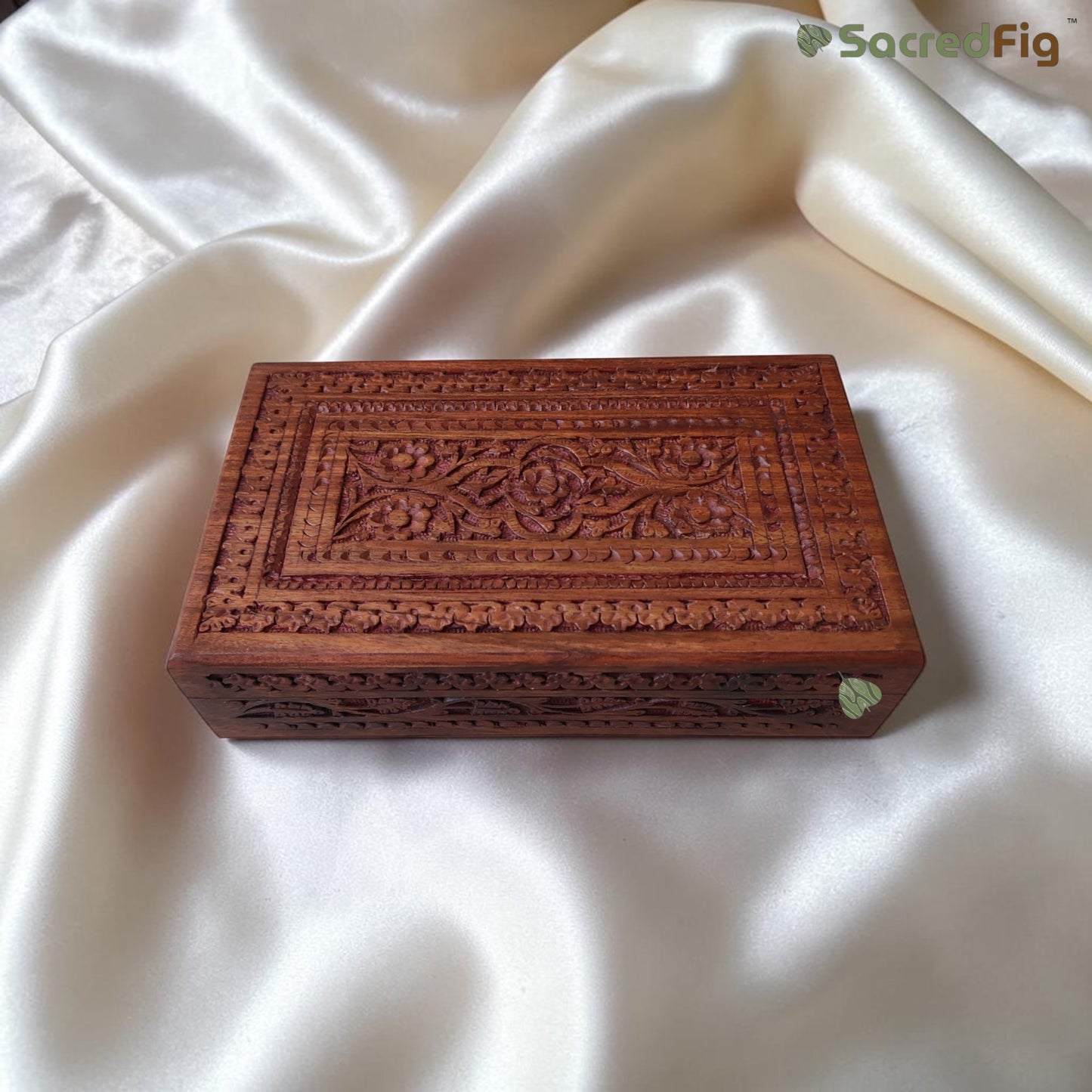SacredFig Sheesham Wood Regal Gift Box, Floral Carving (10x6 inches)