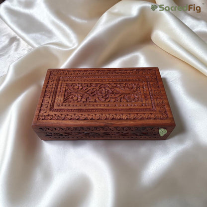SacredFig Sheesham Wood Regal Gift Box, Floral Carving (10x6 inches)