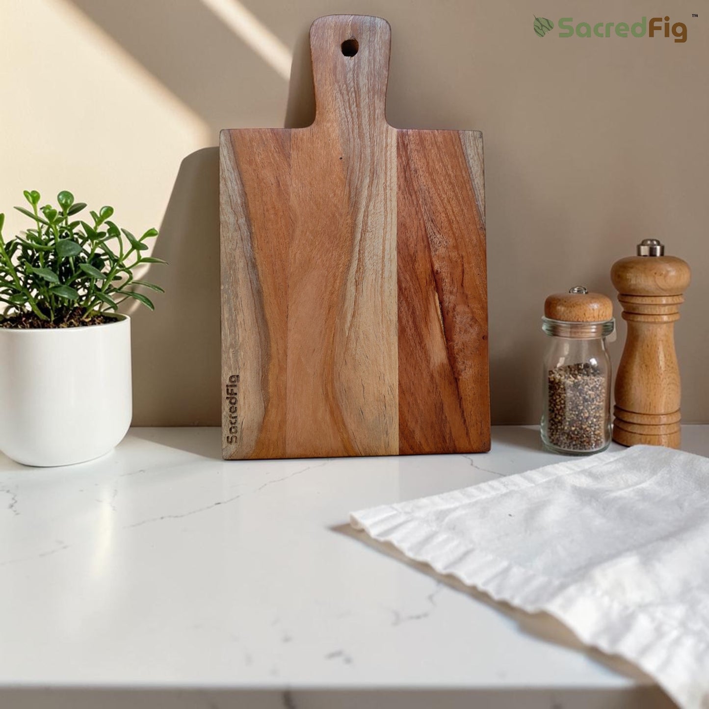 SacredFig Neem Wood Serving Platter| Compact Platter, Square Edges Board 10 × 6 in