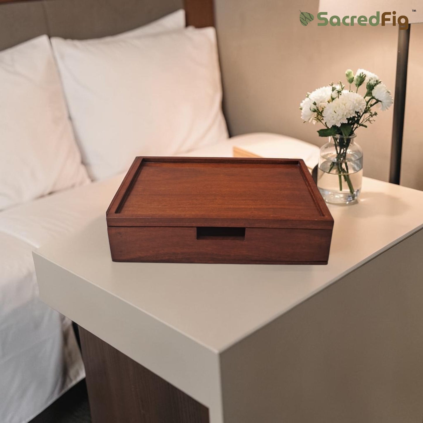 SacredFig Luxury Wooden Amenities Tray for Hotels | Acacia Wood Organizer with Glossy Dark Finish